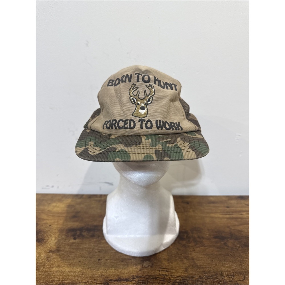 Vintage Born To Hunt Forced To Work 80s Made in USA Camo Trucker Snapback Hat